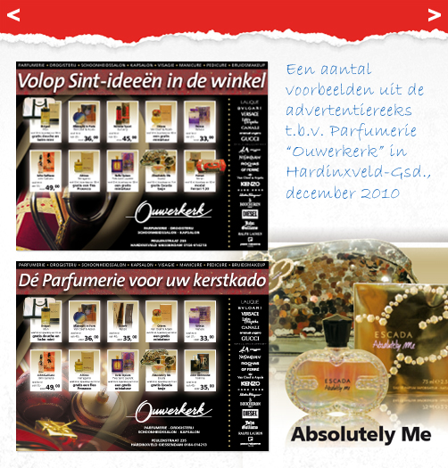 Advertentie, mailing en displaymateriaal gemaakt voor Parfumerie Ouwerkerk in Hardinxveld-Giessendam